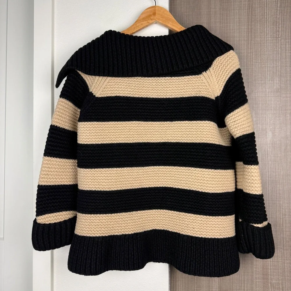 Kate Spade Black Tan Stripe Collared Knit Sweater Chunky 100% Wool Large‎